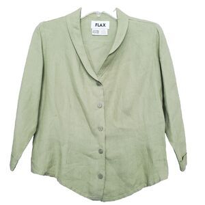 FLAX 100% Linen Green 3/4 Sleeve Button-Up Shirt Size Petite Medium
